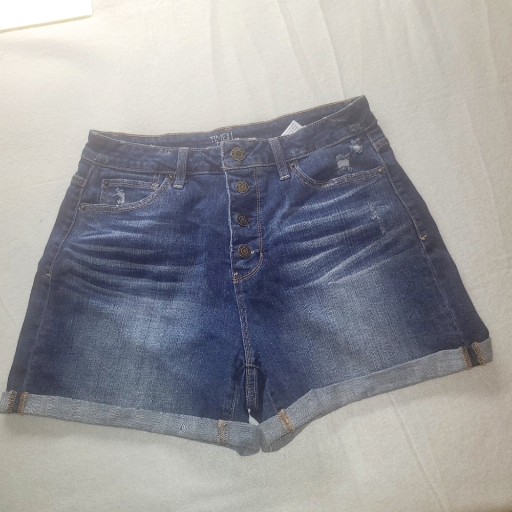 Time and Tru Womens Blue Distressed Shorts High Rise Stretch Pockets Size 10